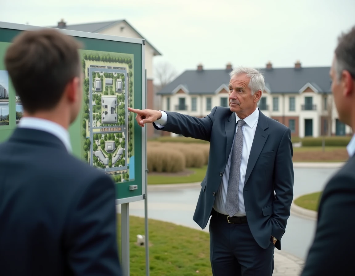 Grand ensemble résidentiel du Groupe Pichet en banlieue avec un directeur commercial présentant le projet à des acquéreurs