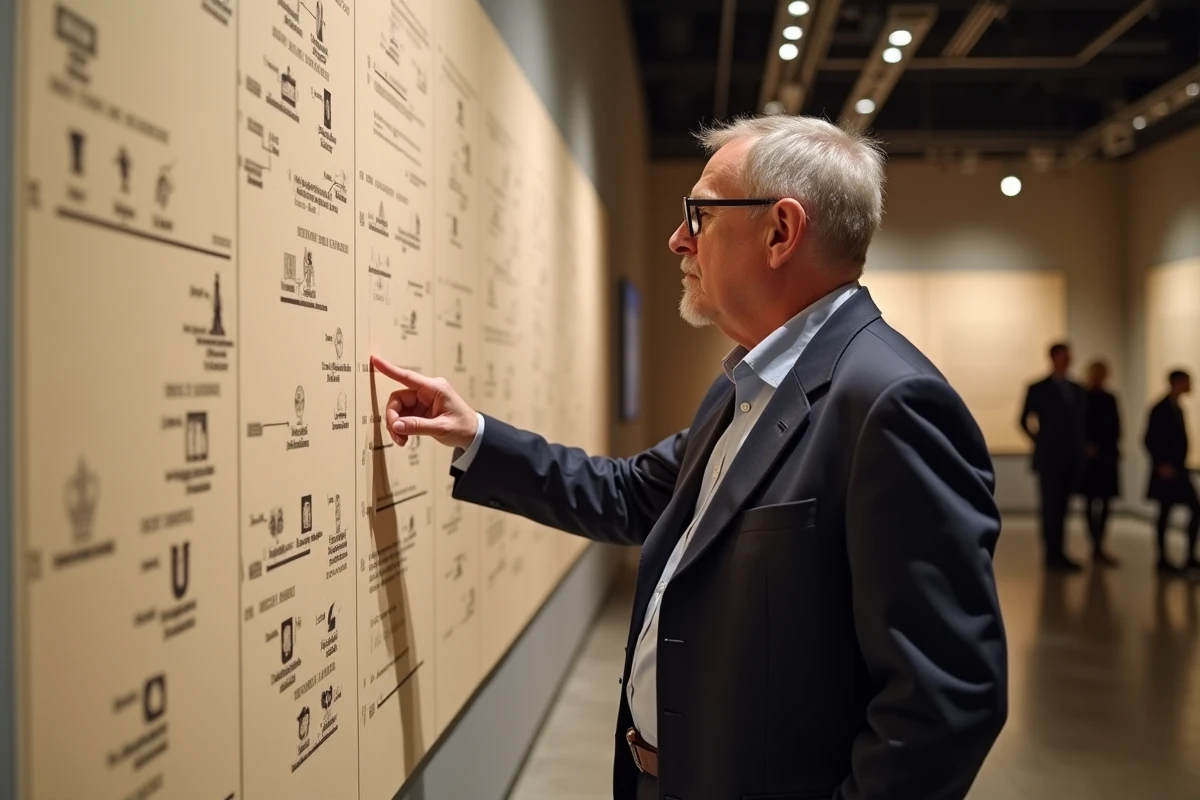 Historien pointant un arbre généalogique des rois de France exposé dans un musée d'histoire