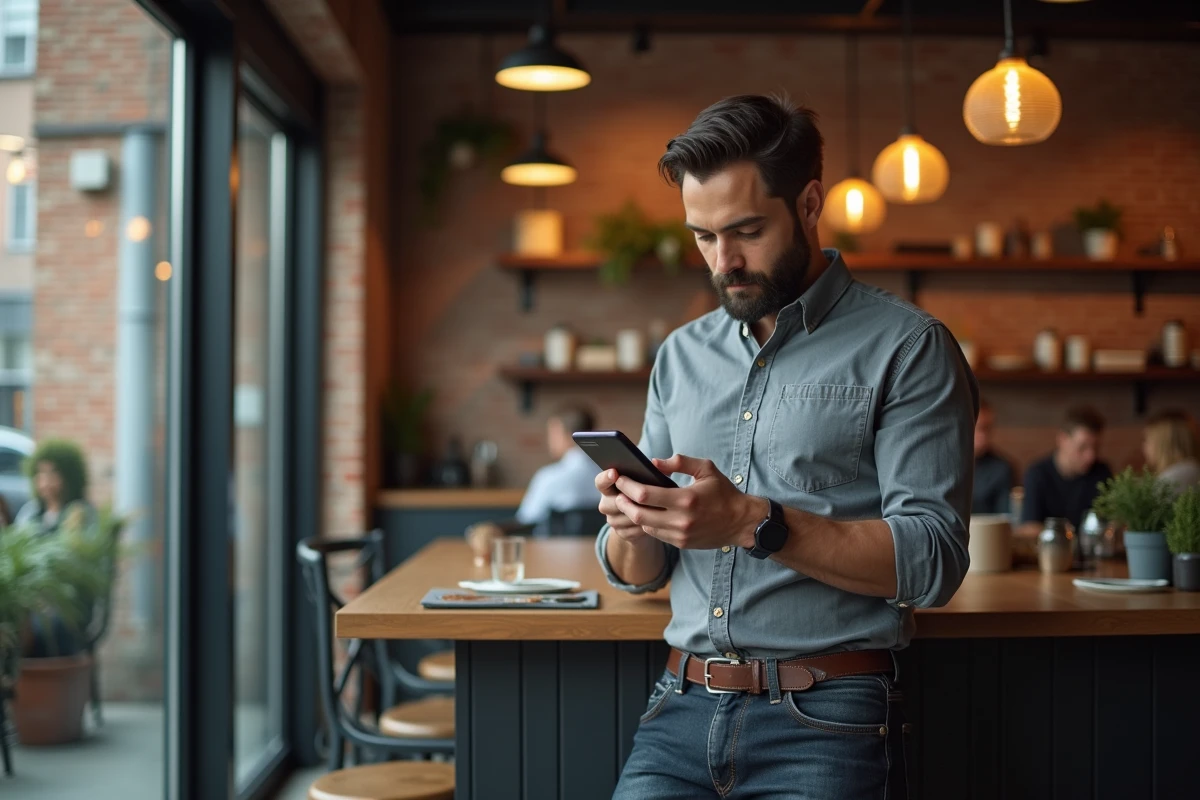 Homme lisant des informations et conseils sur smartphone dans un café urbain contemporain