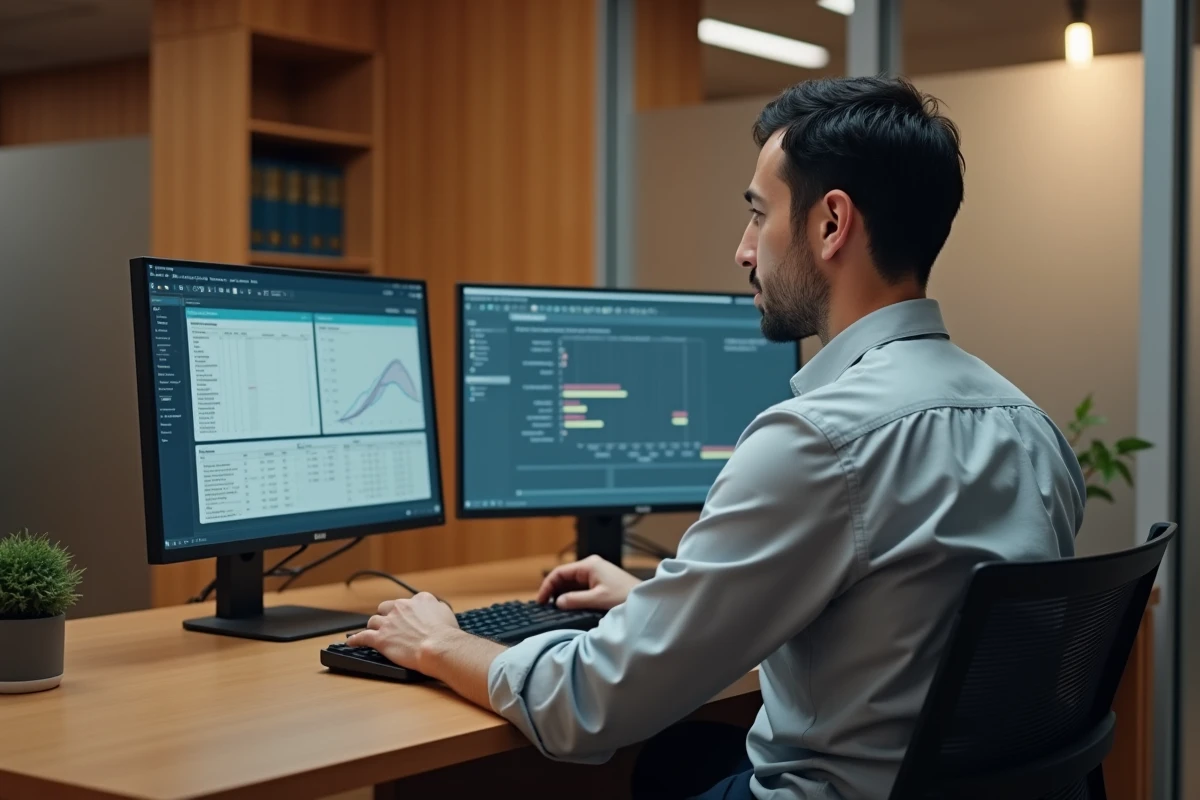 Homme d'affaires concentré gérant des bases de données d'entreprise sur double écran avec le logiciel Prolencia Smart FR