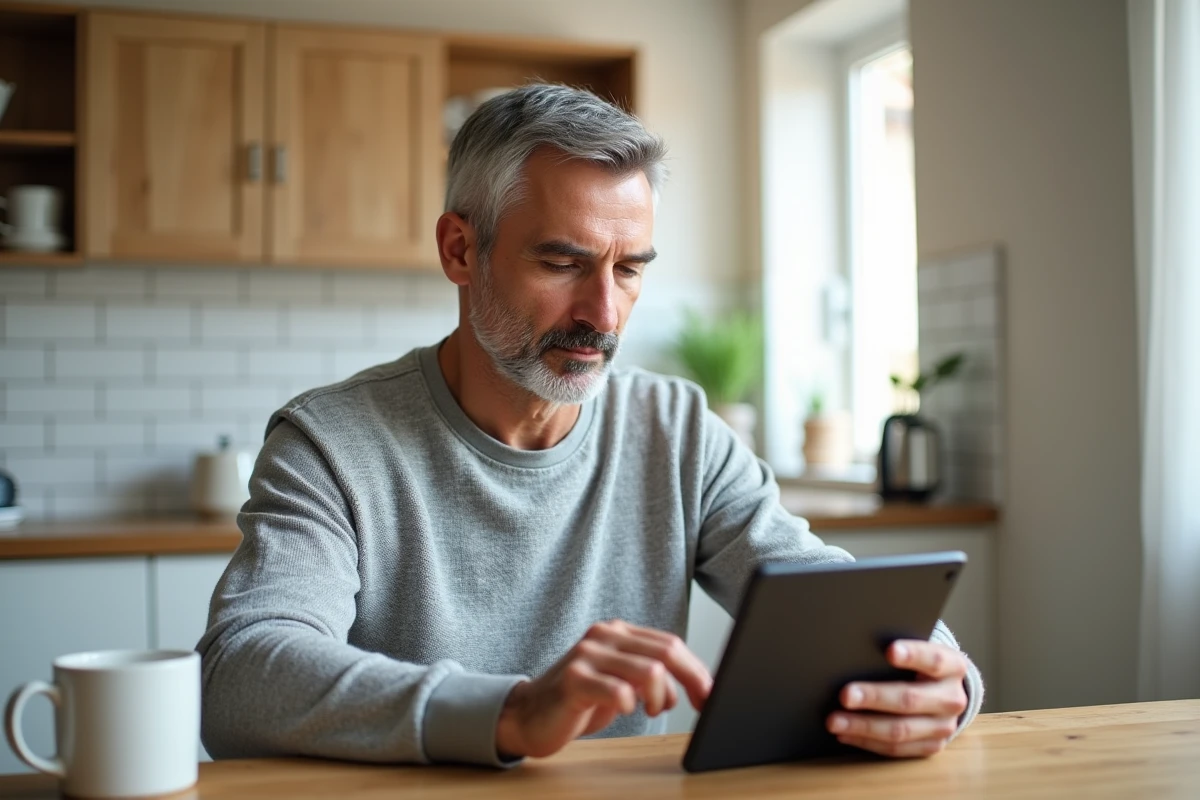 Homme comparant des offres d'assurance santé Matmut Ociane sur une tablette à domicile