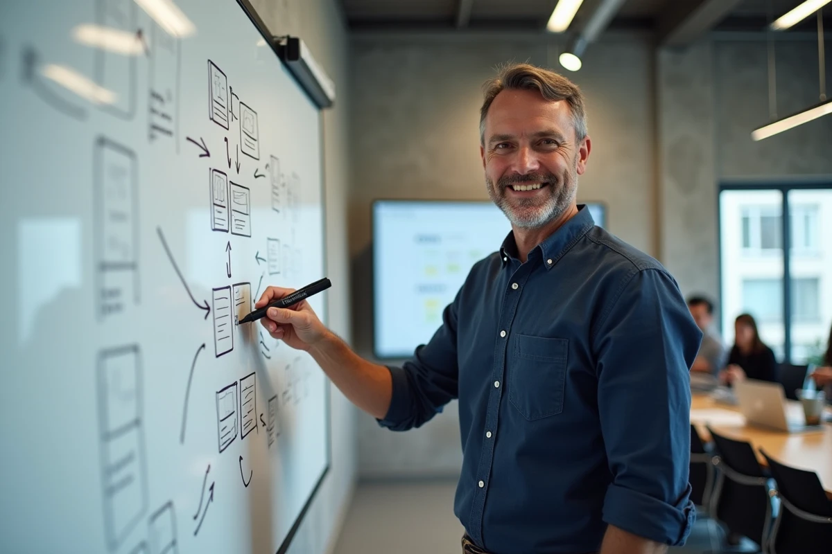 Homme présentant une architecture de site web dessinée à la main sur un tableau blanc en salle de réunion
