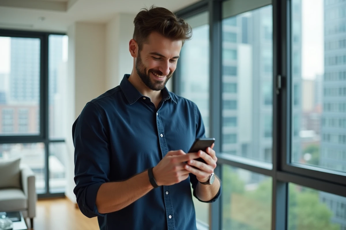 Homme vérifiant les résultats du permis de conduire sur son smartphone dans un appartement moderne