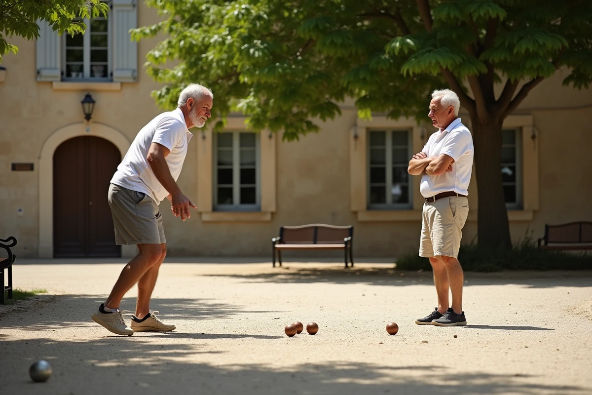 Dois homens aposentados jogando petanca em uma aldeia, atividade social e física após os 60 anos