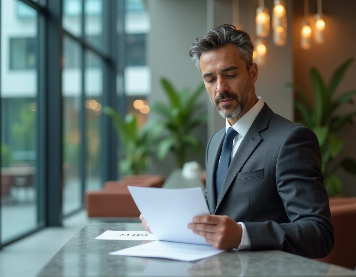 Cadre dirigeant d'Icade dans le hall moderne de son siège social examinant des documents immobiliers