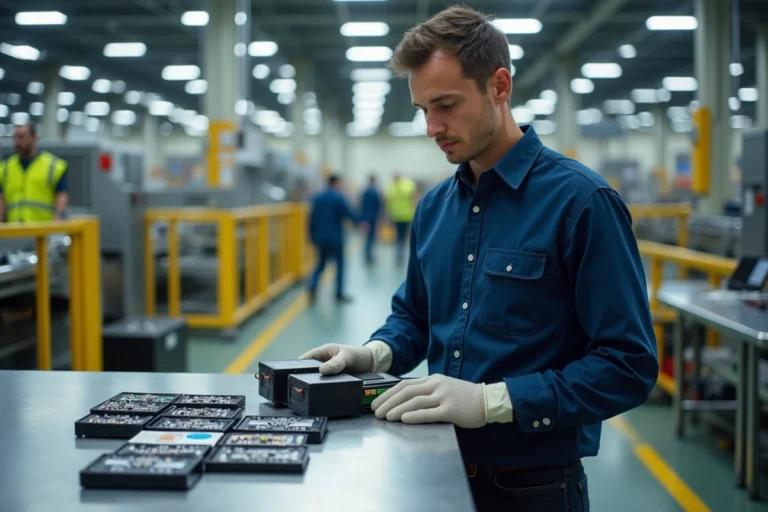 Ingénieur examinant un pack de batteries lithium-ion démonté dans une installation de recyclage industrielle moderne