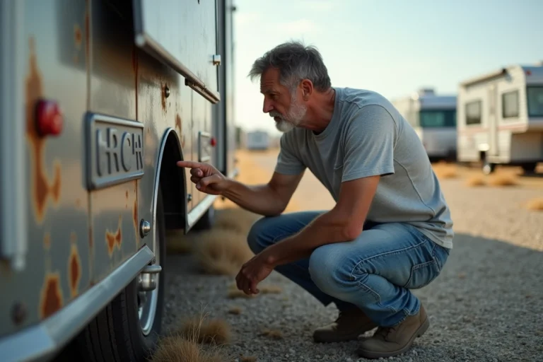 Homme inspectant la plaque d'identification du châssis d'un mobil-home pour lire le numéro de série et déterminer l'année de fabrication