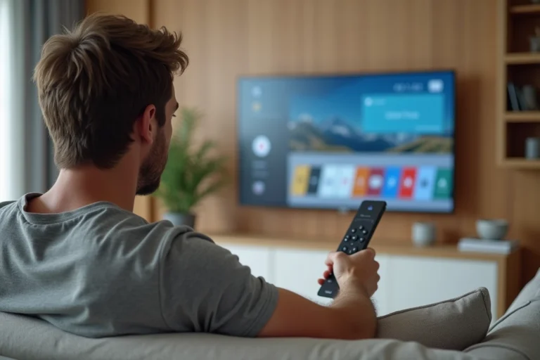 Homme utilisant une télécommande LG Magic Remote pour naviguer sur l'interface WebOS d'une Smart TV LG dans un salon moderne