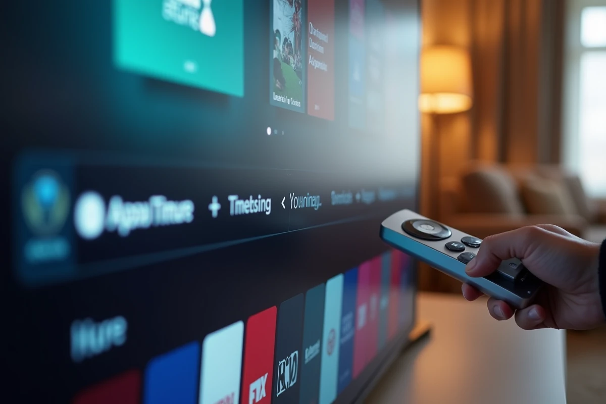 Gros plan sur l'interface WebOS d'une Smart TV LG affichant les icônes d'applications avec une télécommande Magic Remote en main