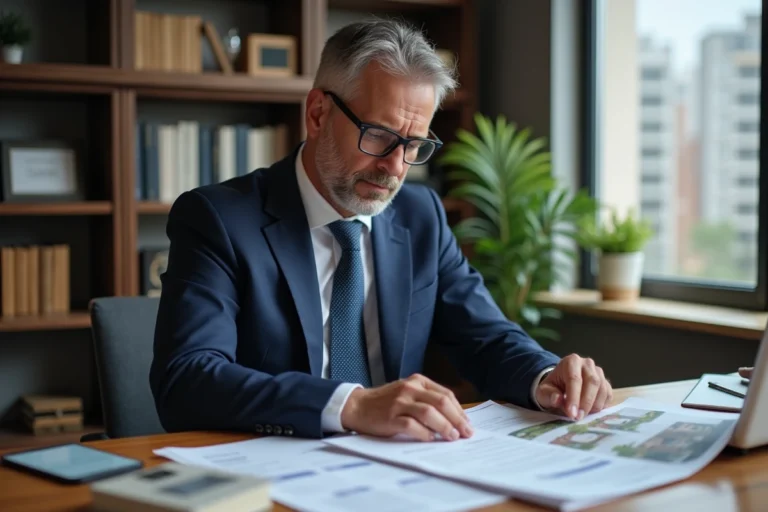 Investisseur immobilier consultant des documents fiscaux sur le dispositif de Robien à son bureau