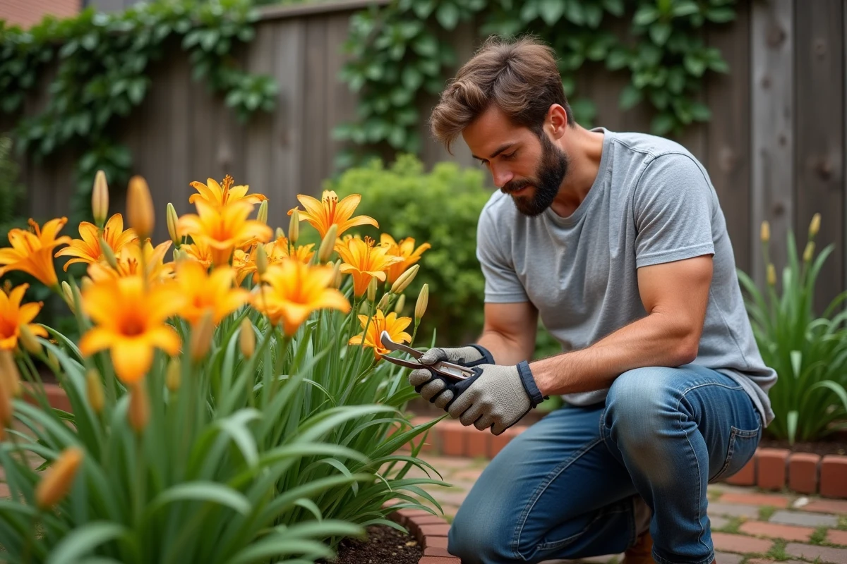 Jardinier qui taille le pistil de lys oranges et jaunes dans un parterre de fleurs avec un sécateur