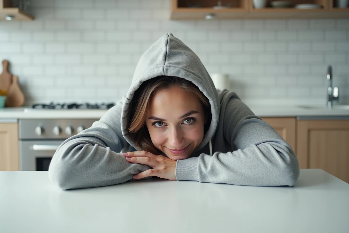 Une jeune femme effondrée sur une table de cuisine vide avec une expression désespérée, illustrant 'je meurs de faim'