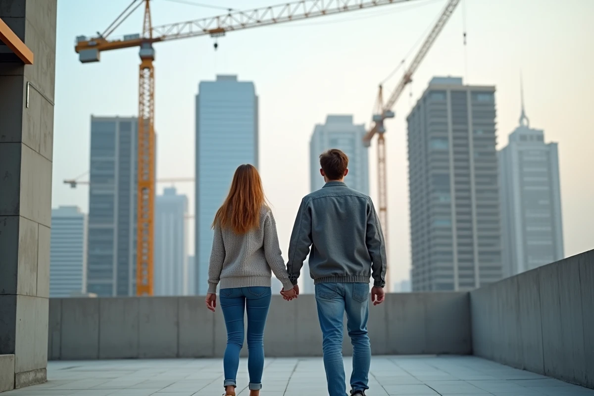 Jeune couple regardant un immeuble en construction