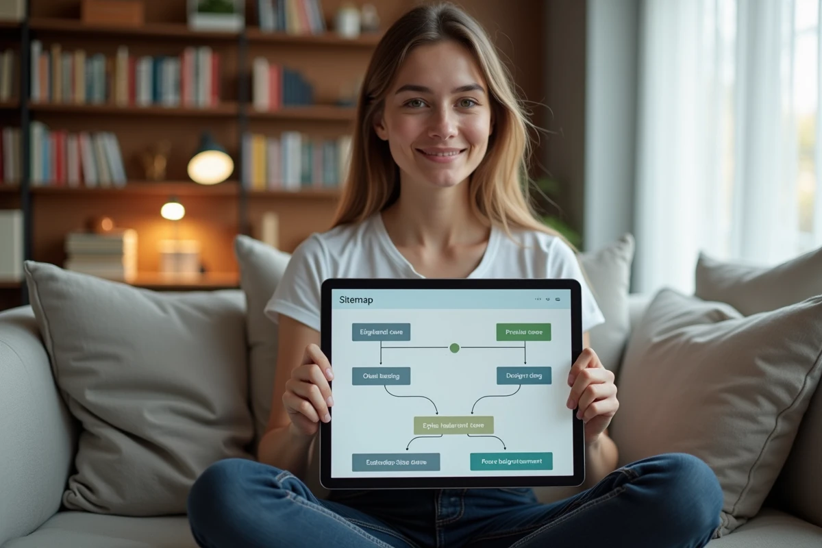 Jeune femme consultant une carte de site web sur tablette dans un bureau à domicile