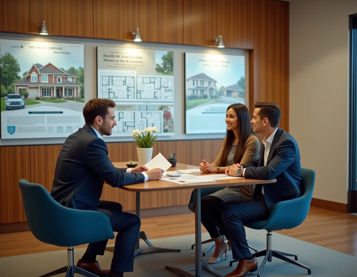 Bureau de vente Kaufman and Broad avec un couple consultant un conseiller immobilier autour de plans de logements
