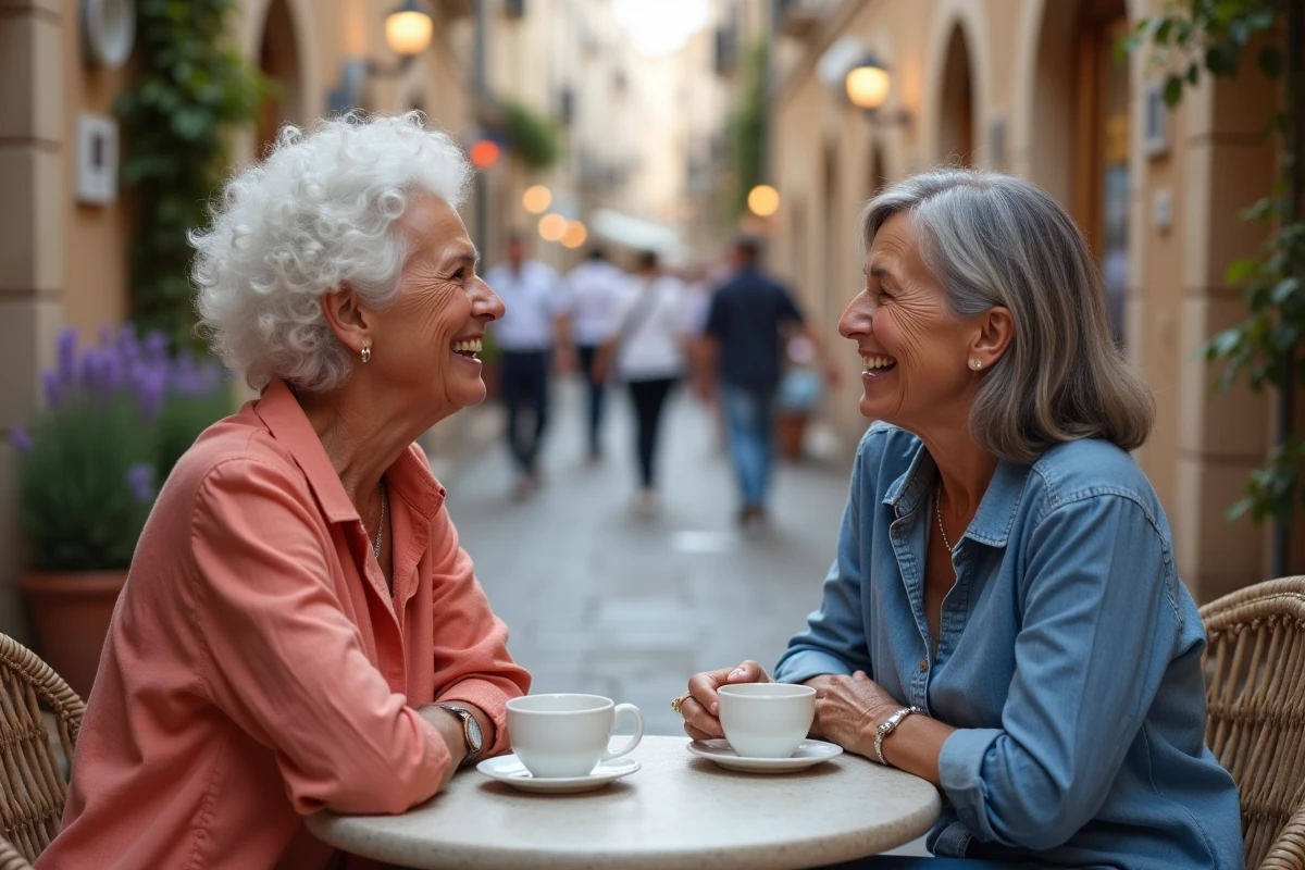 Deux femmes seniors riant ensemble en terrasse de café, représentant l'importance du lien social et de la convivialité pour le bien-être après 60 ans