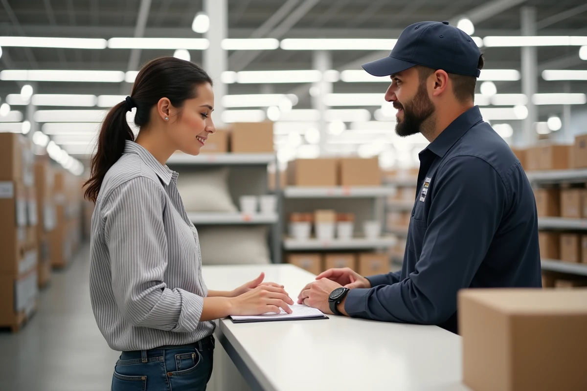 Femme récupérant les clés d'un camion de location au comptoir de service d'un magasin Conforama