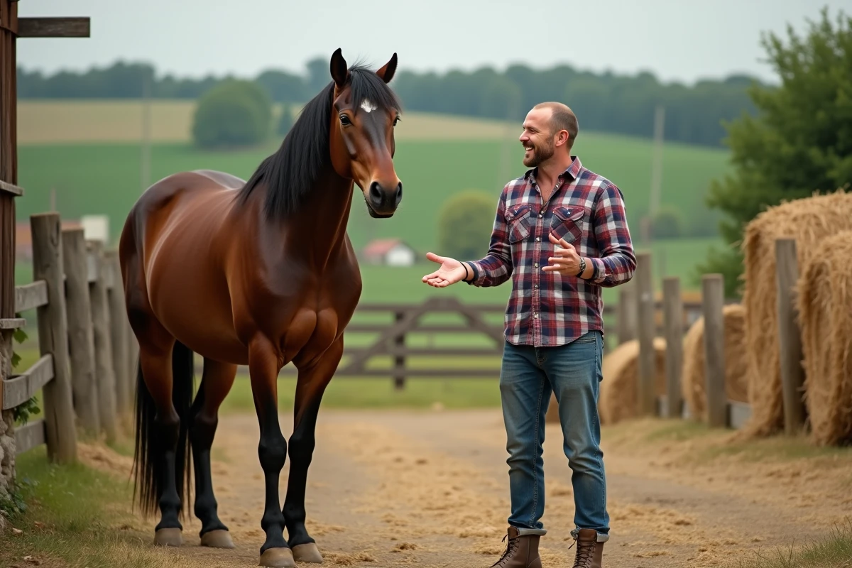 Un homme adulte souriant à côté d'un cheval de trait dans une ferme française, illustrant 'je pourrais manger un cheval'