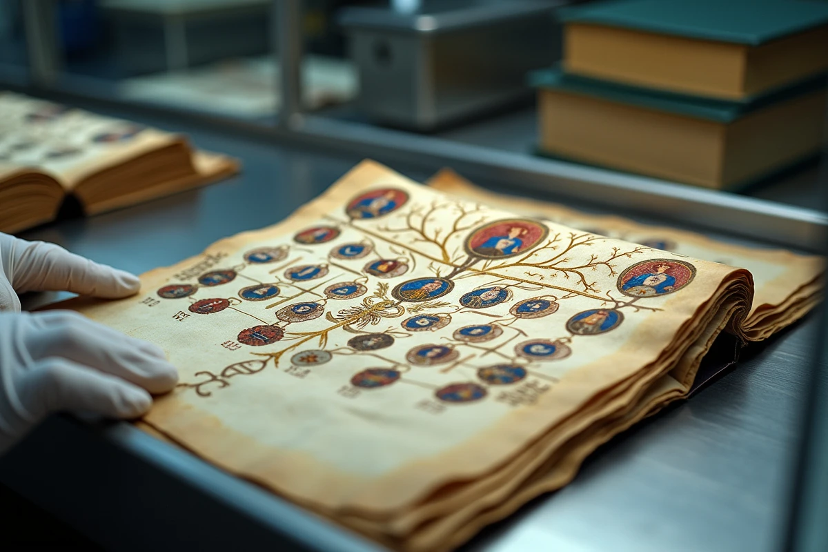 Détail d'un manuscrit médiéval enluminé représentant l'arbre généalogique de la royauté française sous verre dans un laboratoire de conservation