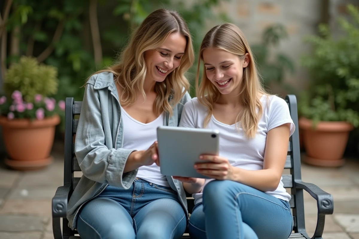 Mère et fille adolescente partageant un moment de complicité sur une terrasse extérieure en regardant une tablette ensemble