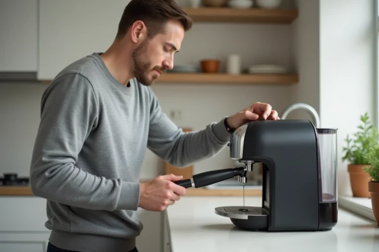 Homme moyen âge nettoyant une machine à café moderne dans une cuisine