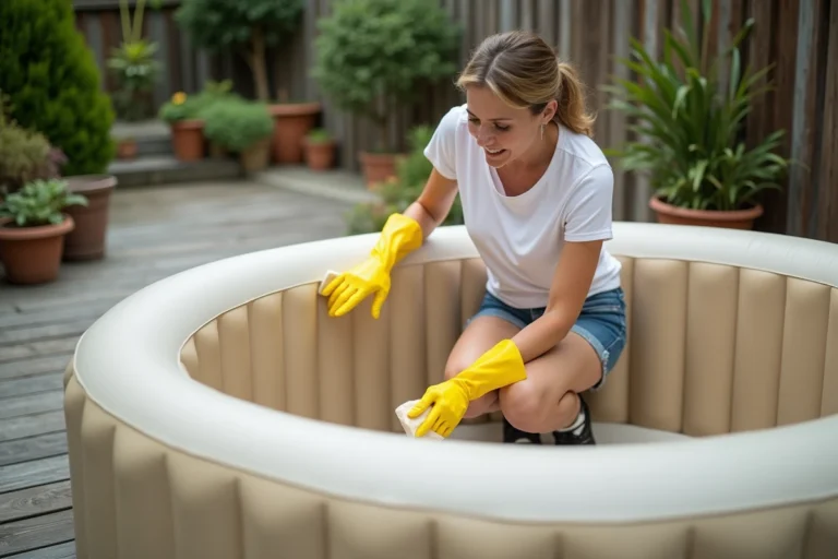 Femme nettoyant l'intérieur d'un spa gonflable vide avec de la javel et une éponge sur une terrasse en bois