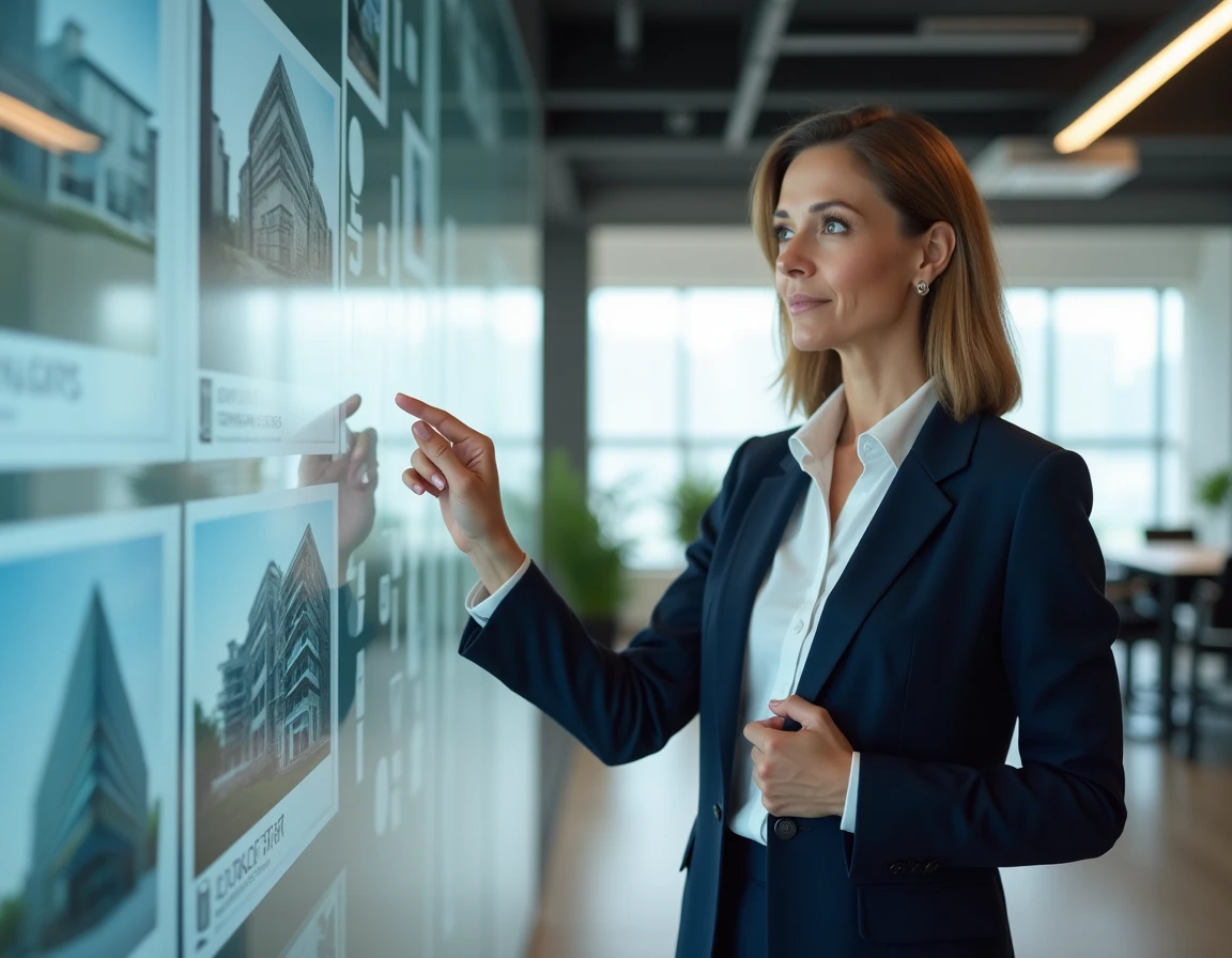 Agence Nexity avec une professionnelle de l'immobilier présentant des projets résidentiels sur un écran numérique