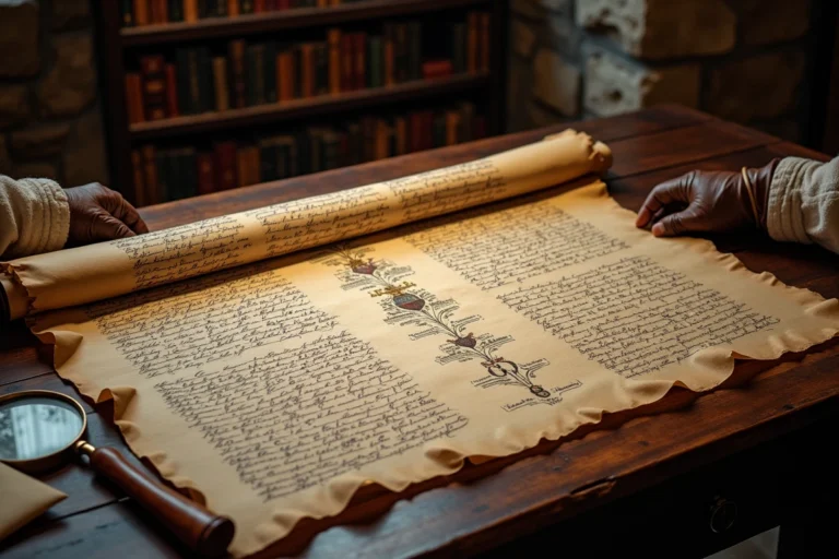 Parchemin généalogique ancien des rois de France déployé sur une table en chêne dans une salle d'archives historique