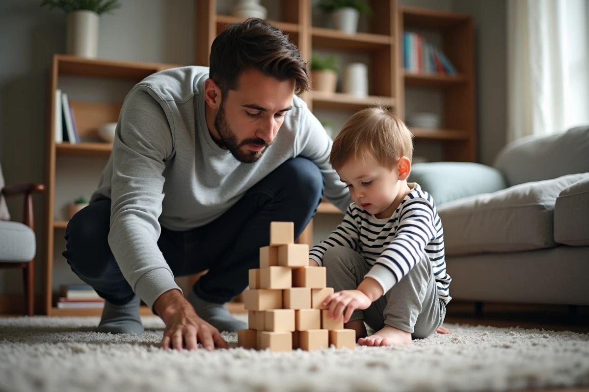 Père aidant son jeune fils à construire une tour de blocs en bois dans un salon familial chaleureux et réaliste