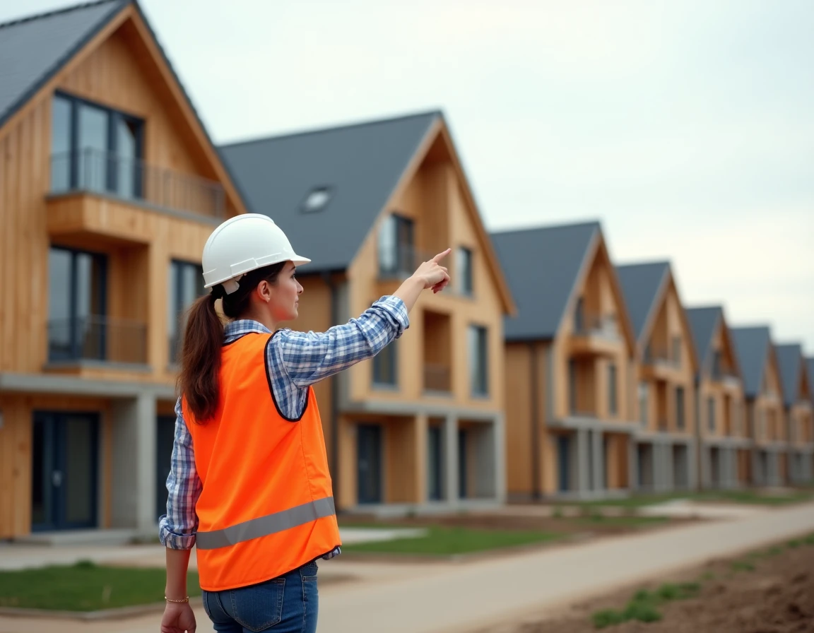 Chantier Pitch Immo en banlieue française avec une coordinatrice de projet supervisant la construction de logements
