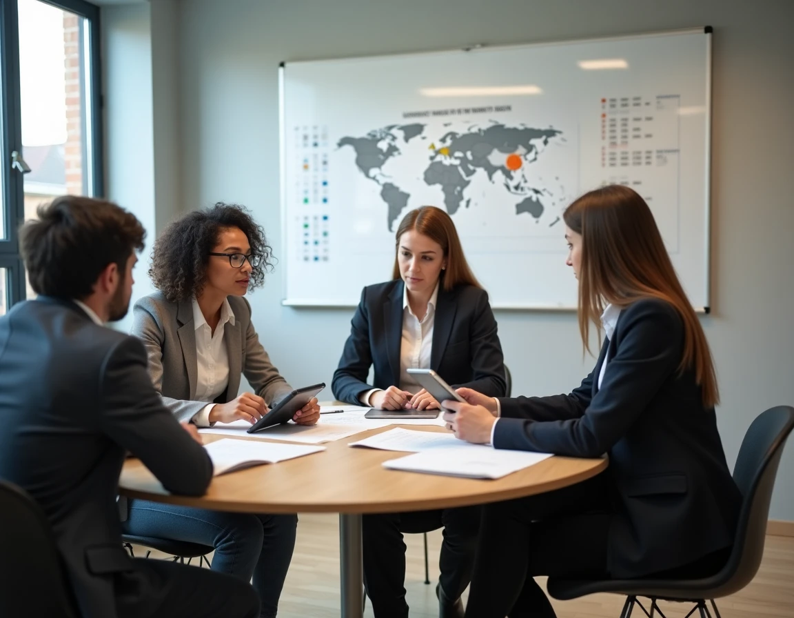 Réunion de professionnels Procivis autour d'un projet de logement social avec documents et tableaux de bord