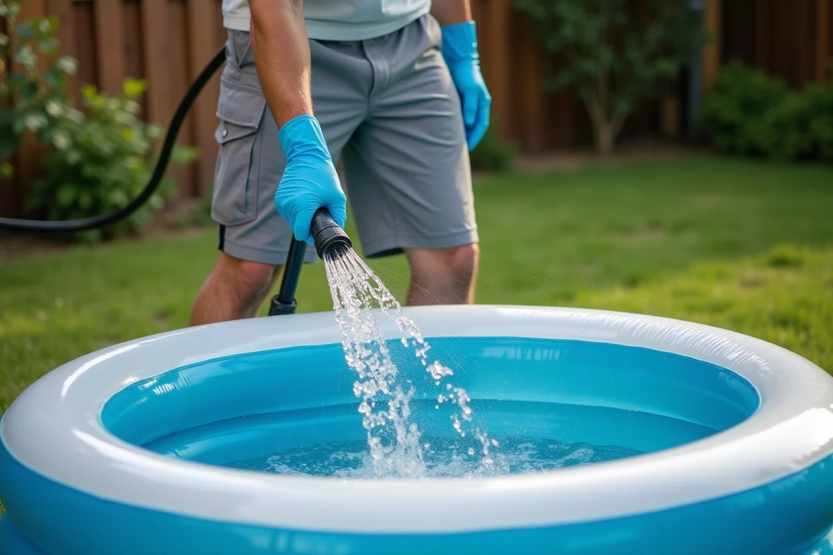 Homme rinçant un spa gonflable vide au jet d'eau dans un jardin après nettoyage à la javel