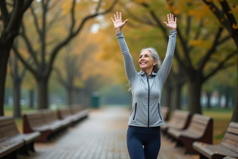 Femme de 60 ans faisant des étirements matinaux dans un parc, illustrant l'importance de l'activité physique pour la santé après 60 ans