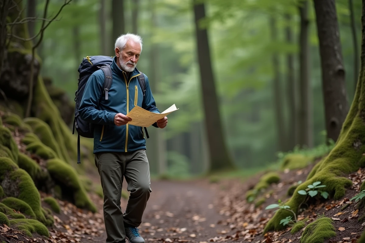 Homem idoso ativo consultando um mapa durante uma caminhada na floresta, permanecer ativo e autônomo após os 60 anos