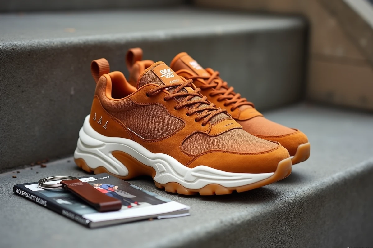 Gros plan éditorial de sneakers tendance 2024 en daim terracotta et semelle gum sur marche en béton avec accessoires streetwear