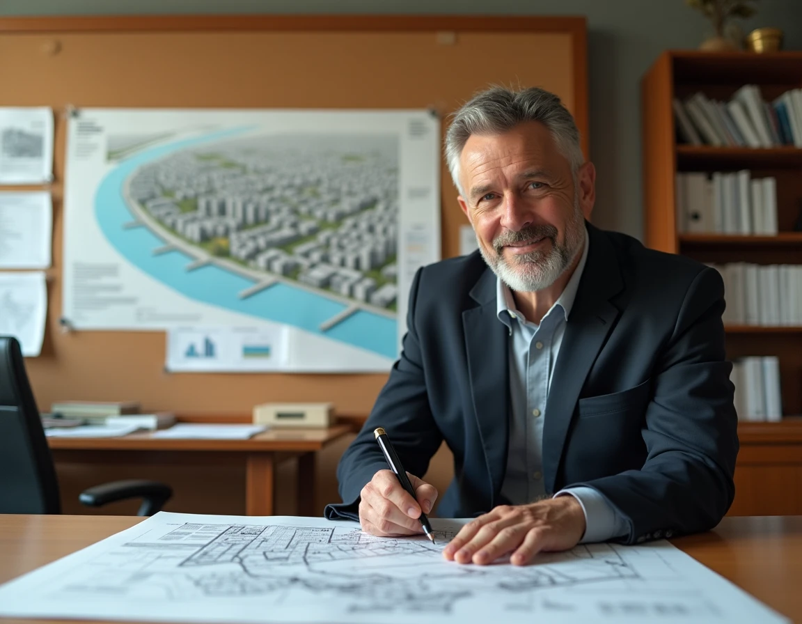 Urbaniste de Sogeprom étudiant des cartes de zonage et des documents de développement immobilier dans un bureau