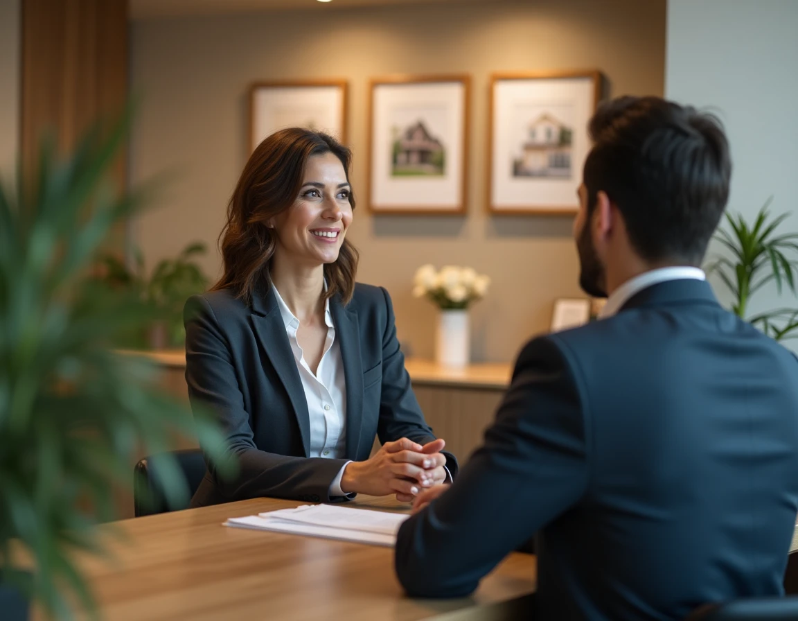 Conseillère de Spirit Immobilier en entretien avec un client dans une agence immobilière de centre-ville français