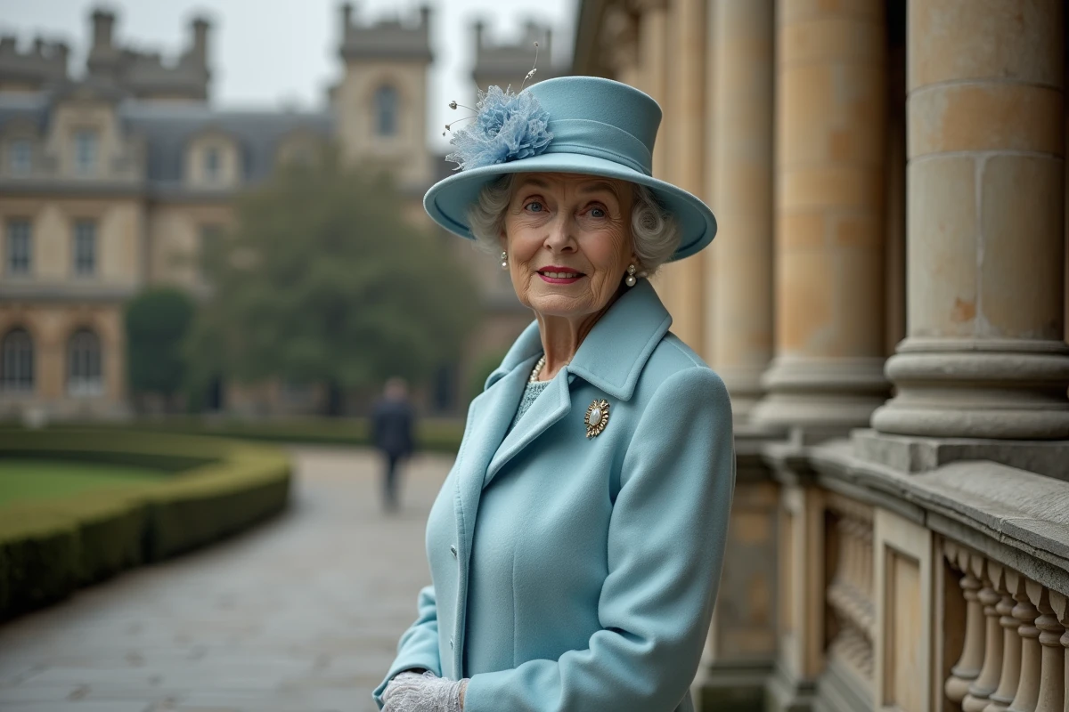 Portrait en pied d'une femme âgée élégante en manteau bleu pastel devant un palais britannique, illustrant la taille de la reine Elizabeth II