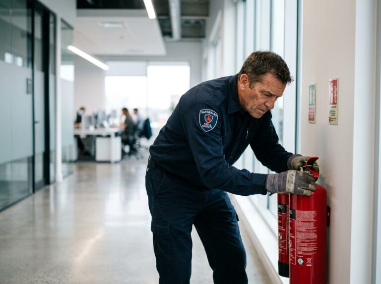 Technicien en sécurité incendie inspectant un extincteur dans un couloir de bureau moderne