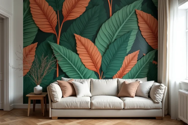 Salon moderne avec papier peint botanique aux grandes feuilles tropicales vertes et terracotta sur un mur derrière un canapé en lin