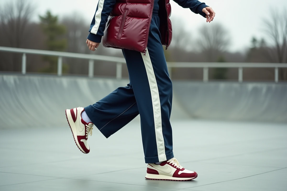Femme en streetwear tendance 2024 avec gilet puffer bordeaux, pantalon de survêtement large et sneakers basses logo dans un skatepark