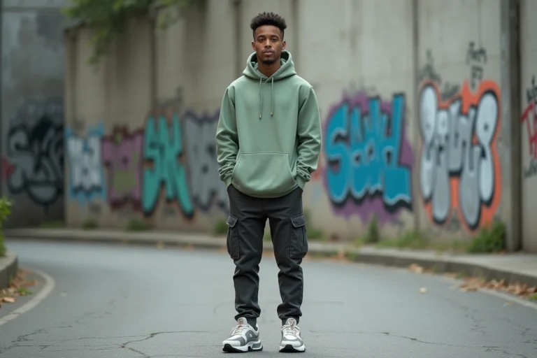 Jeune homme en tenue streetwear 2024 avec hoodie oversize vert sauge et sneakers chunky blanches dans un environnement urbain