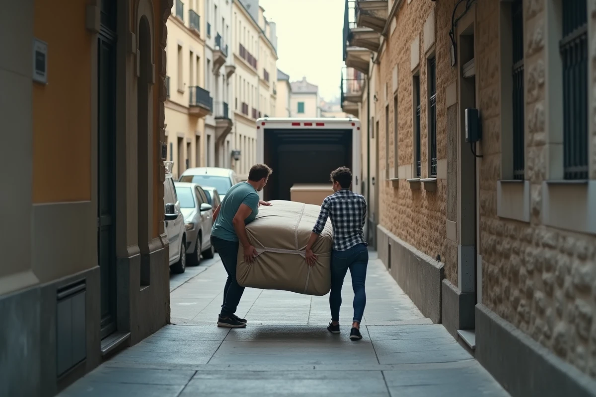 Couple transportant un canapé emballé vers un camion de déménagement devant un immeuble parisien