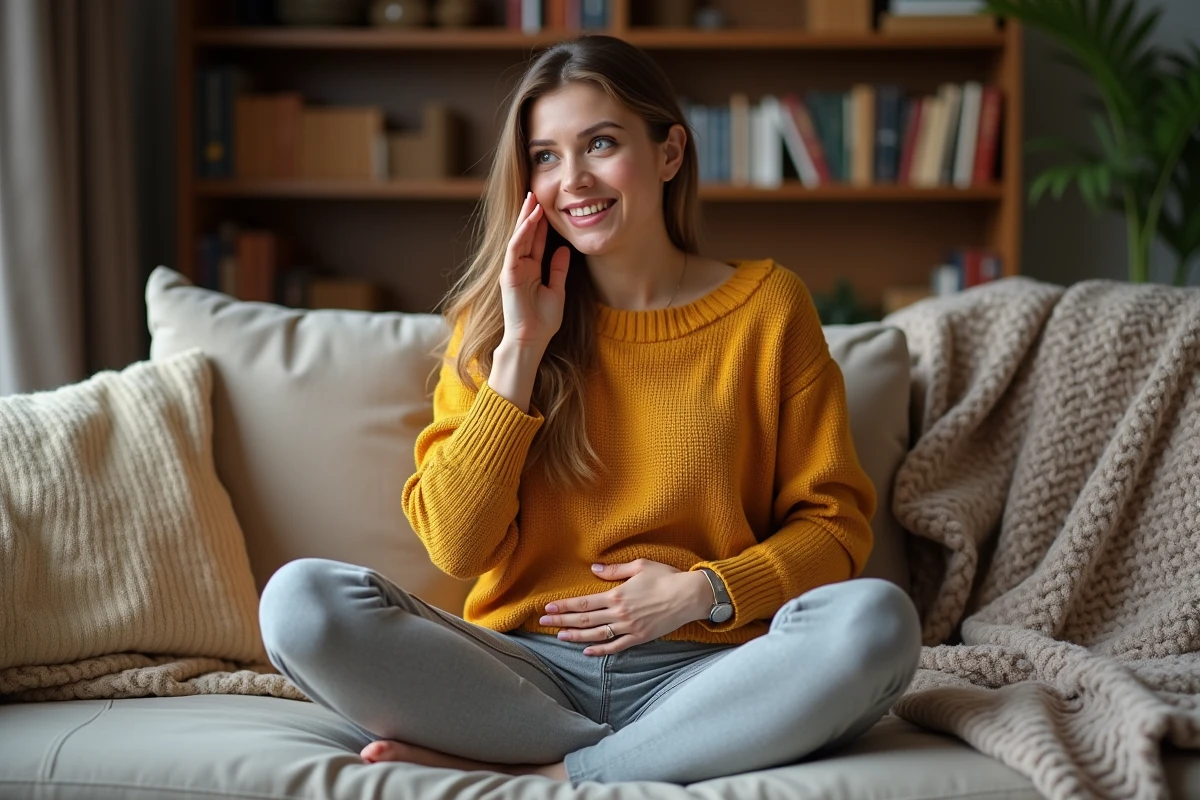 Une femme adulte qui écoute son ventre gargouiller dans un appartement cosy, illustrant 'avoir le ventre qui gargouille'