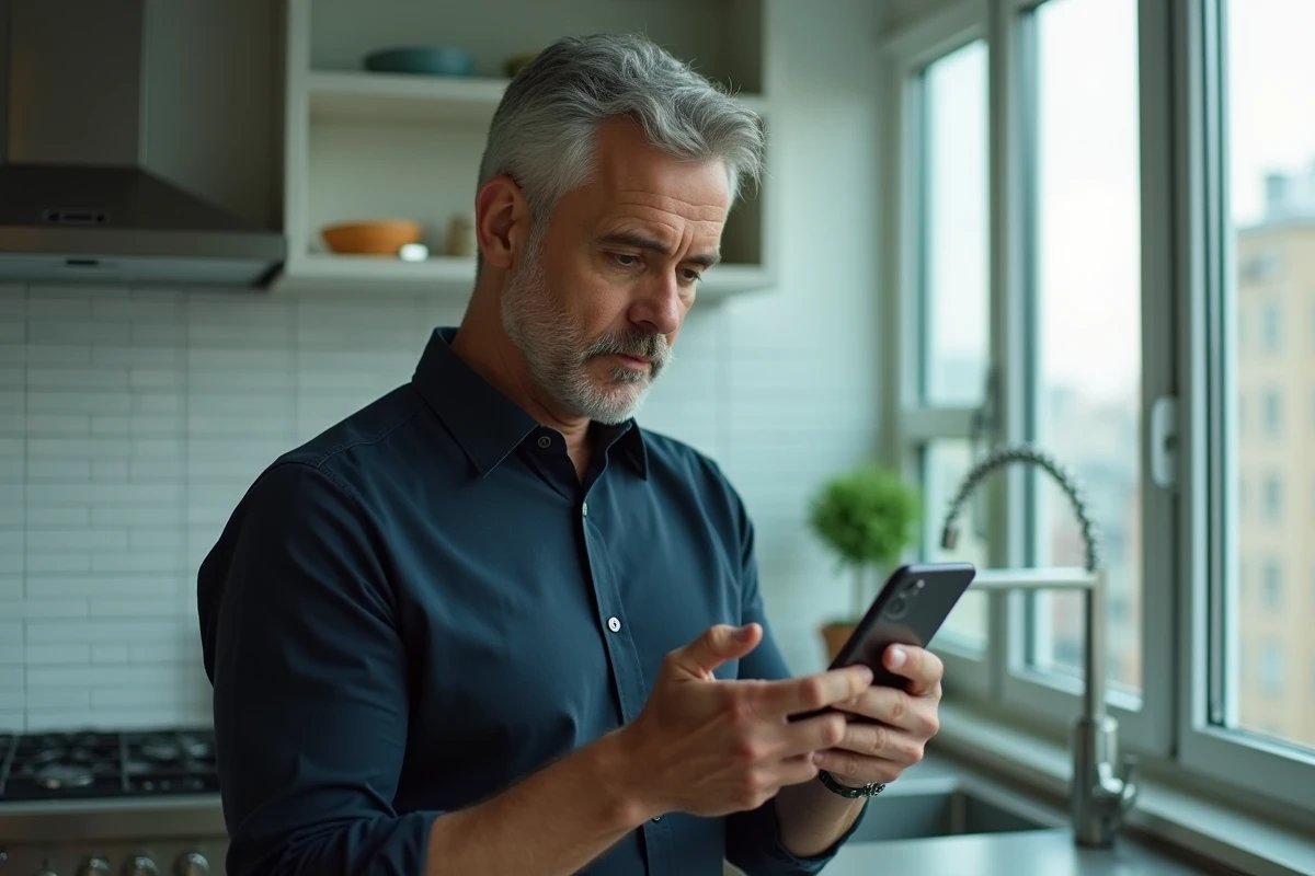 Homme vérifiant une confirmation de paiement en ligne sur smartphone sans cryptogramme demandé par Amazon
