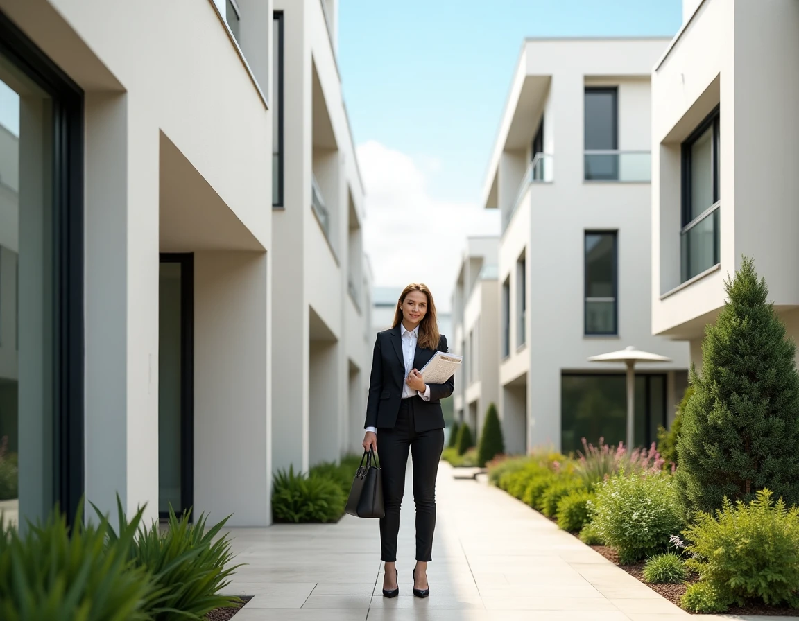 Résidence neuve Vinci Immobilier avec une conseillère commerciale accueillant des acquéreurs potentiels